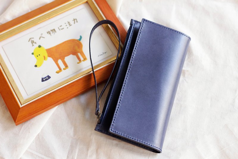 Italian glossy dark blue vegetable tanned leather long clip - Wallets - Genuine Leather 