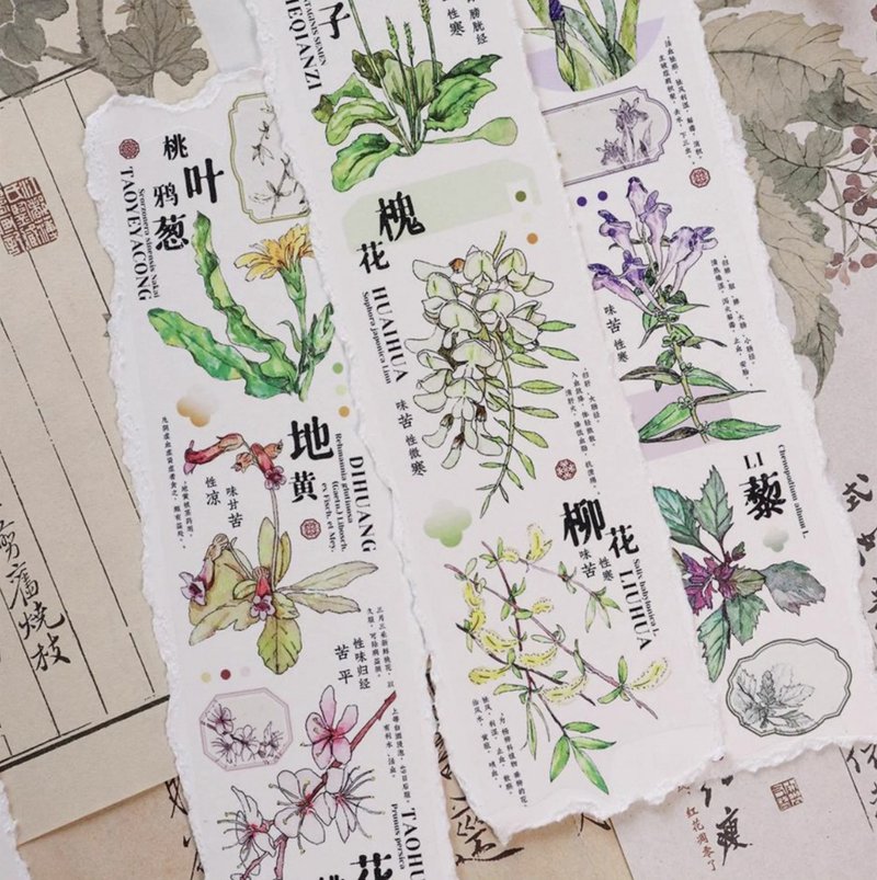 本草綱目 漢方薬植物 古風花卉 PET 和紙膠帶 10米卷 - 紙膠帶/和紙/PET - 其他材質 多色