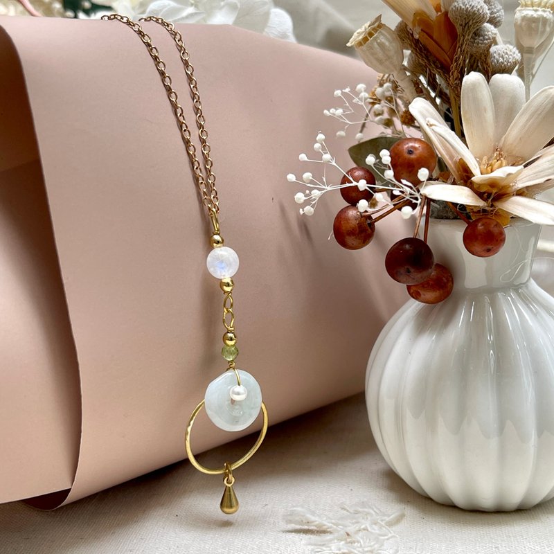 Laolin Groceries | White Moonlight Jade Circle Long Chain - Necklaces - Copper & Brass Gold