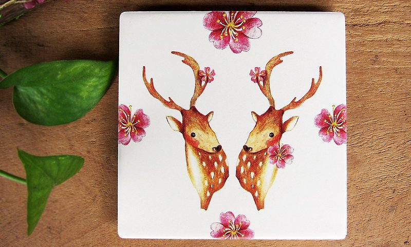 TAIWAN sika deer ceramic absorbent coaster - ที่รองแก้ว - วัสดุอื่นๆ สึชมพู