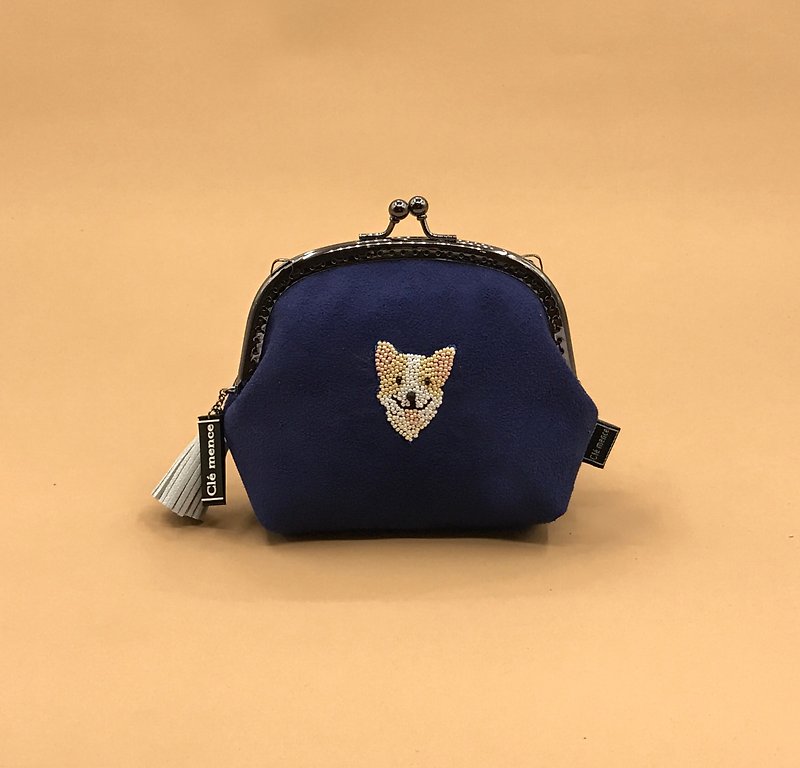 Corgi big face gold bag coin purse sewn beads change including chain - Coin Purses - Polyester Blue