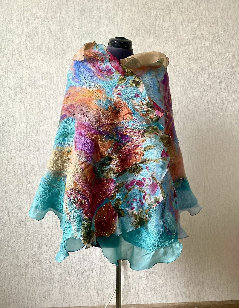 Turquois felt silk scarf /floral felt silk scarf / blue wool&silk scarf - Scarves - Wool Multicolor