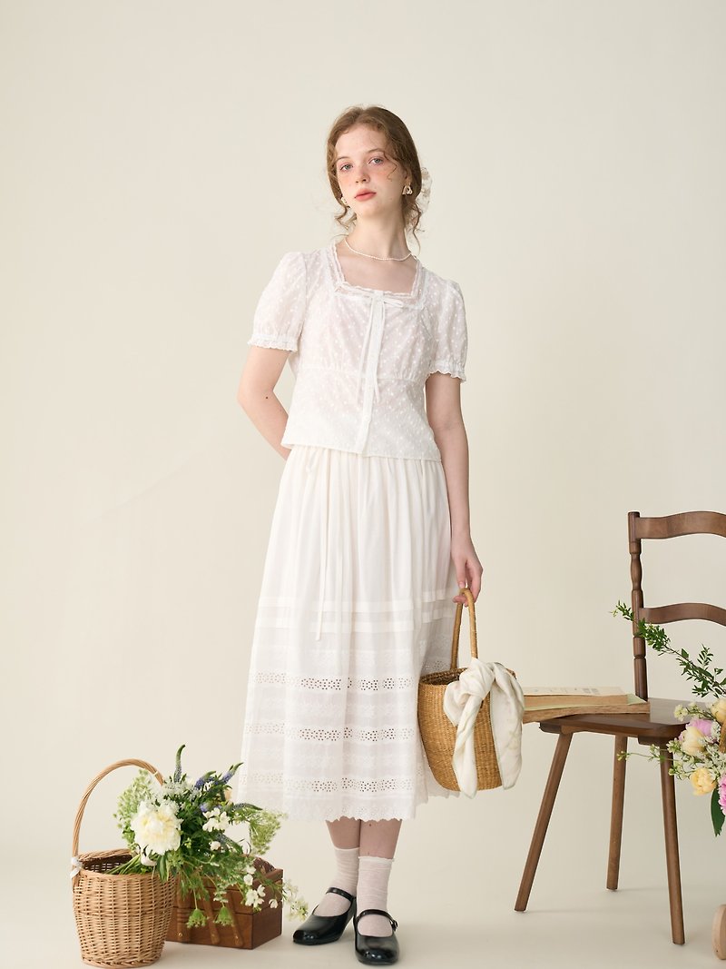 Jane Eyre jacquard hollow white embroidered elegant long dress solid color shirt - Skirts - Cotton & Hemp White
