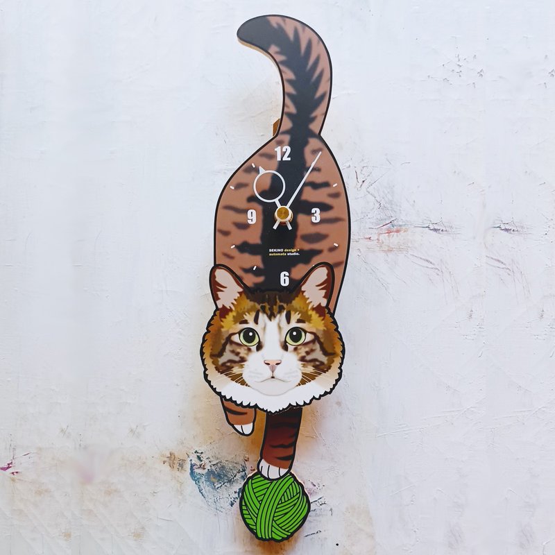 C-101 橘色虎斑長毛貓 - 動物造型鐘擺鐘 - 時鐘/鬧鐘 - 木頭 白色
