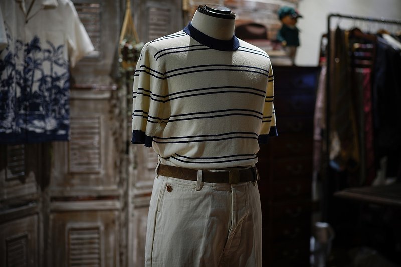 Retro Western Clothes Heavy Cotton Knit Striped Sea Soul Shirt Round Neck Short Sleeve T-Shirt Genderless Wear - เสื้อยืดผู้ชาย - ผ้าฝ้าย/ผ้าลินิน หลากหลายสี