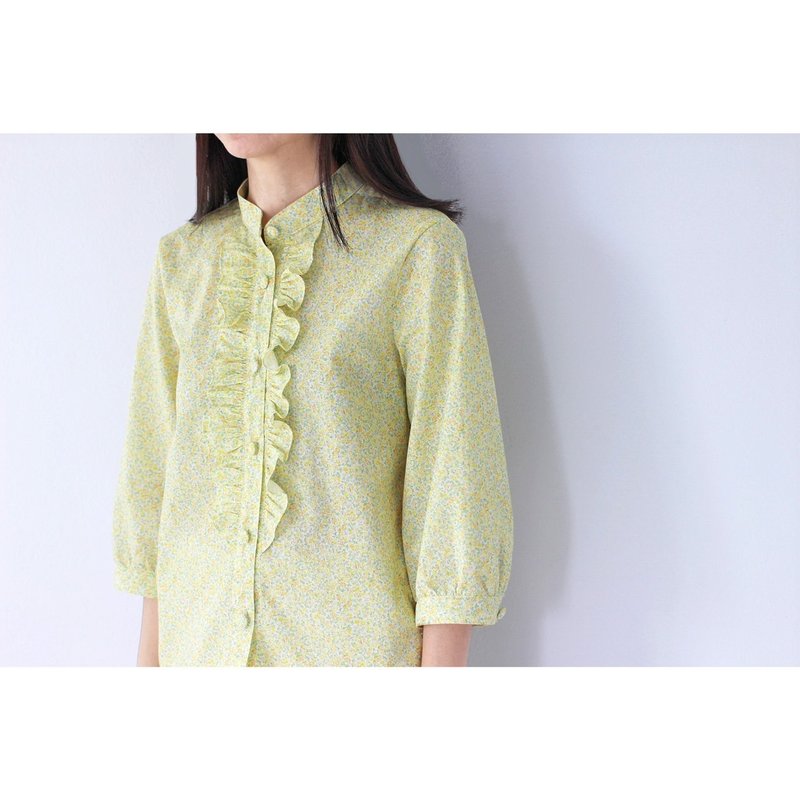 Victorian ruffled shirt, flower lover pattern, yellow - 女襯衫 - 棉．麻 黃色