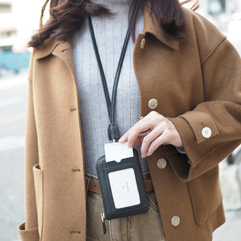 Flint (Black): Neck bag, Tiny pocket, Cow leather, ID Card Holder, Zipper Pocket - 錢包/皮夾/長短夾 - 真皮 黑色