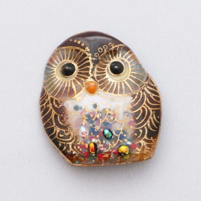 Owl (medium-brown) cloisonné brooch - Brooches - Other Metals Brown