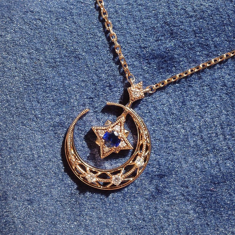 【8 BIJOU】14K Solid Gold Sapphire & Diamond Necklace - Necklaces - Precious Metals Gold