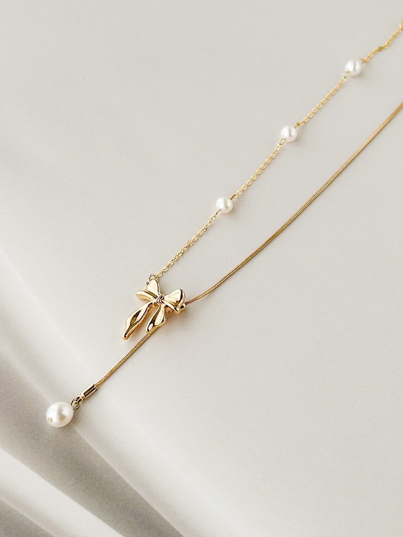 淡水パールのネックレス　着脱簡単　スライドボール　リボン　フェミニン　上品　洗練　お嬢スタイル　かわいい　ギフト　母の日　ロング　日本のハンドメイド - 項鍊 - 珍珠 白色