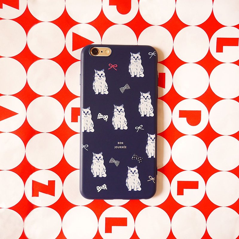 Dark blue white cat phone shell - Phone Cases - Silicone Blue