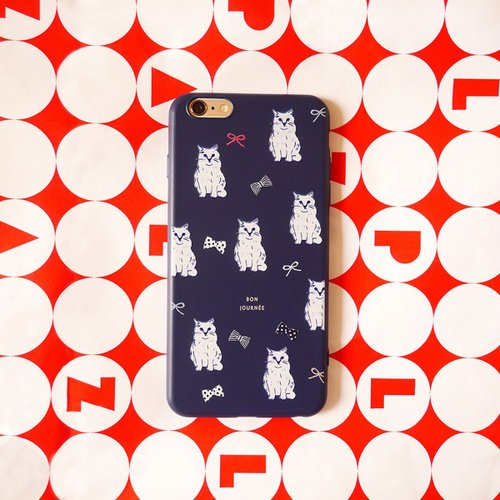 Dark blue white cat phone shell