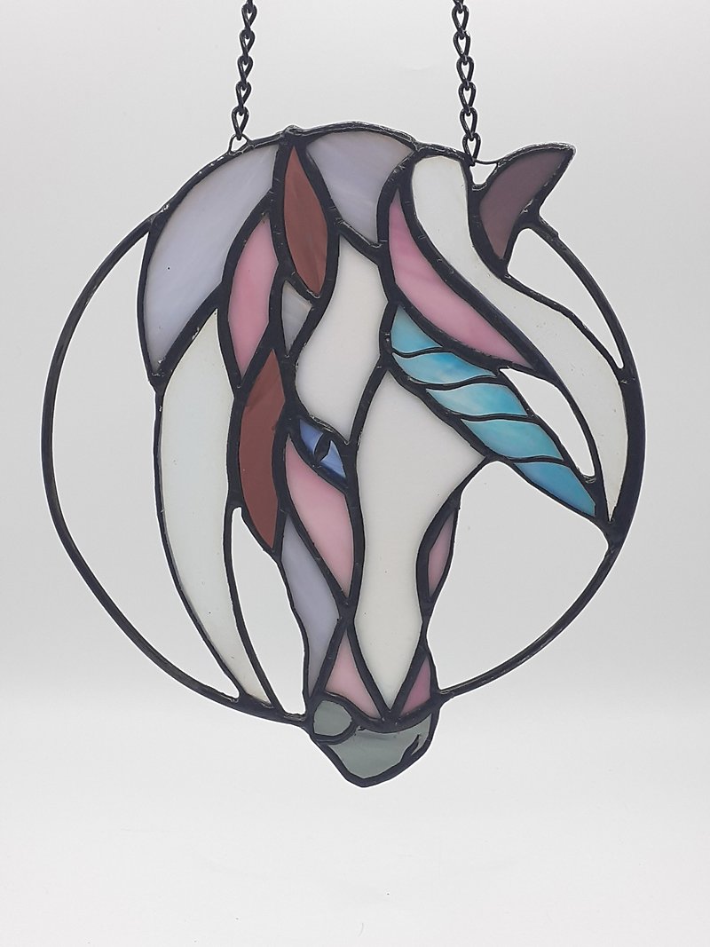 Stained Glass Unicorn Dreamcatcher, Stained Glass Fantasy Horse Ornament - ตกแต่งผนัง - แก้ว หลากหลายสี