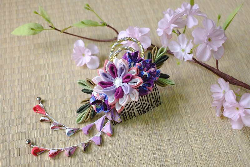 【洋粋スタイル】つまみ精工手作花簪-和花. Bloom-Purple - Hair Accessories - Cotton & Hemp Purple