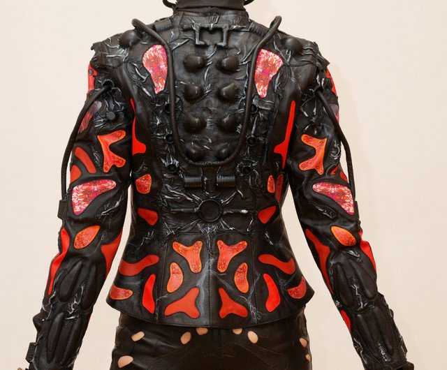 Unique Handmade real leather jacket black red/ futuristic