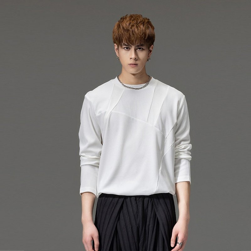 Men round collar coat stitching long-sleeved T-shirt knitted blouse - Men's T-Shirts & Tops - Polyester 