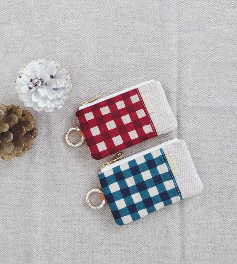 【FCI/チケット・カード・身分証用ファスナー付きミニポーチ】手描き風太めチェック柄 日本製コットンリネン フランス製グリッター生地 - 定期入れ・パスケース - コットン・麻 多色