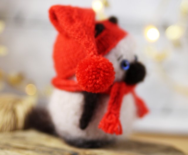 Stuffed cat plush handmade Details about   Knitted cat doll Siamese cat in red hat and scarf 