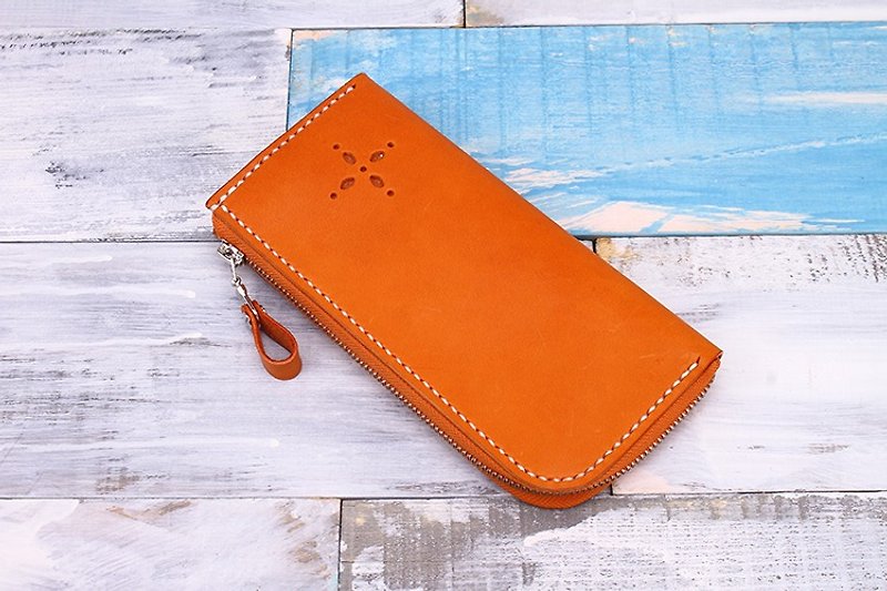 [Cut line] pure hand leather wallet L-type zipper organ long folder orange - กระเป๋าคลัทช์ - หนังแท้ สีส้ม
