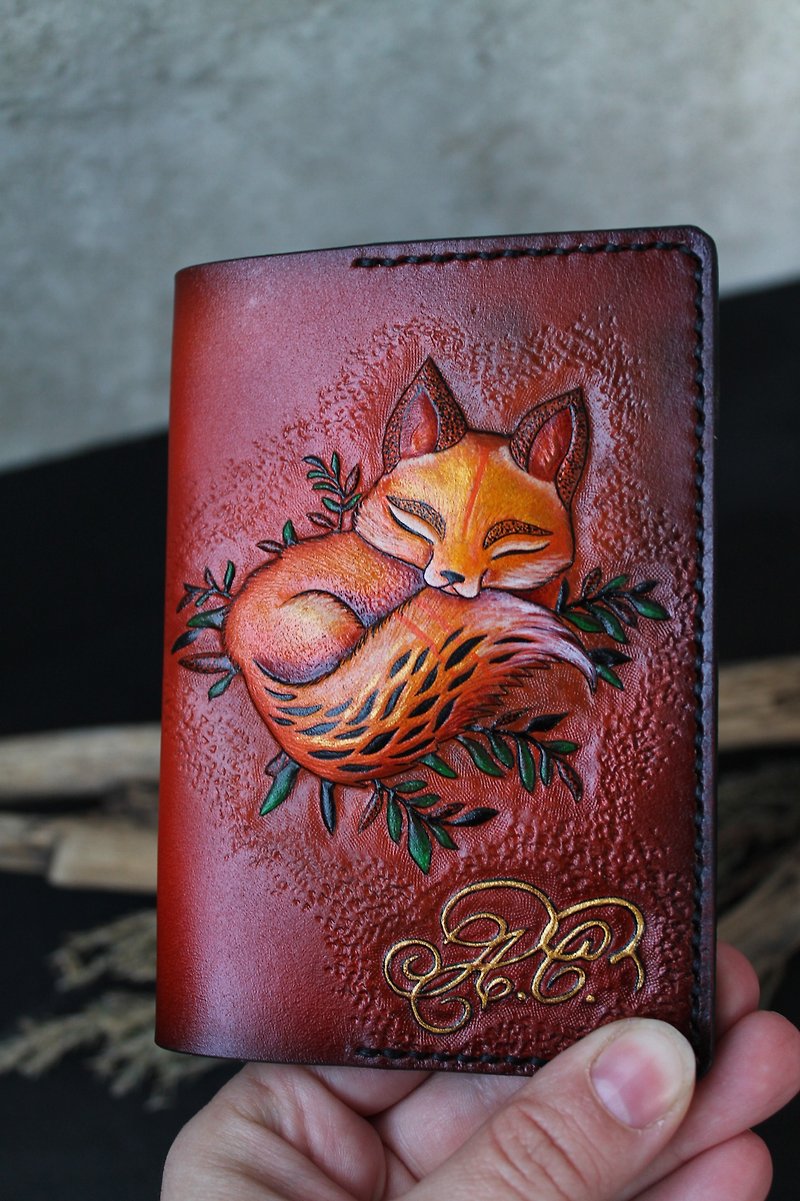 Genuine Leather Passport Holders & Cases Red - Fox red little fox carved leather passport case