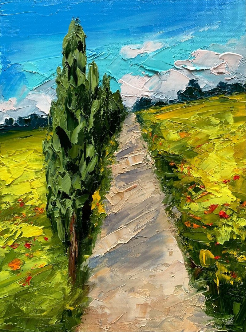 Original Oil Painting On Canvas Trees Landscape Yellow Field Painting Impasto - ตกแต่งผนัง - ผ้าฝ้าย/ผ้าลินิน หลากหลายสี