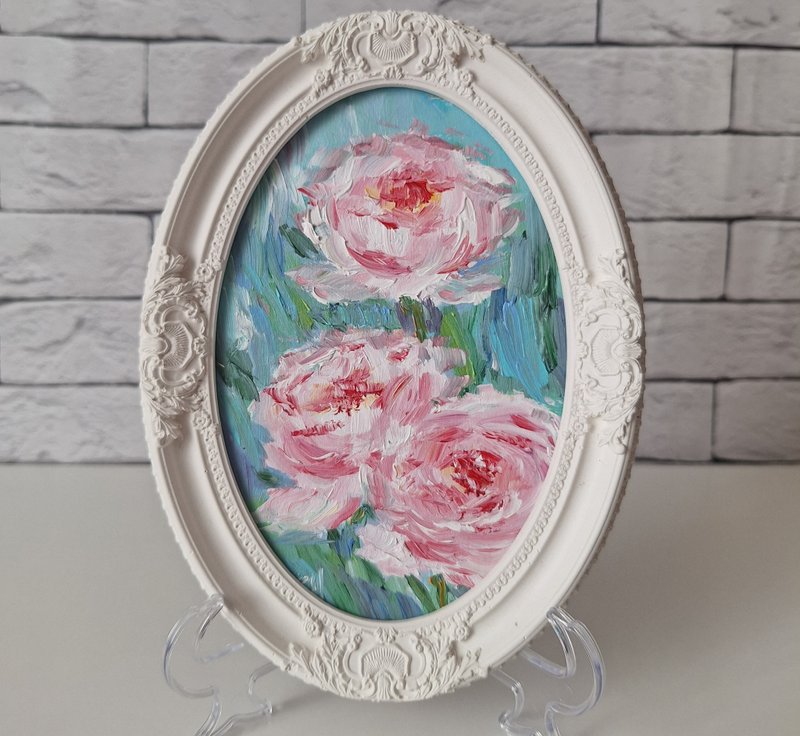 Roses oil painting in vintage frame Flowers painting Handmade | 玫瑰油畫 - 海報/掛畫 - 木頭 粉紅色