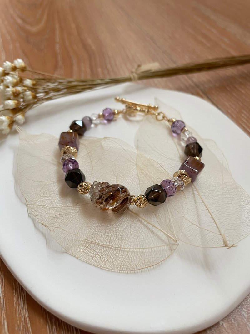 Black Gold Super Seven Pixiu Bracelet/ Smoky Quartz/ White Quartz/ Amethyst/ Purple Titanium Quartz - Bracelets - Crystal Purple