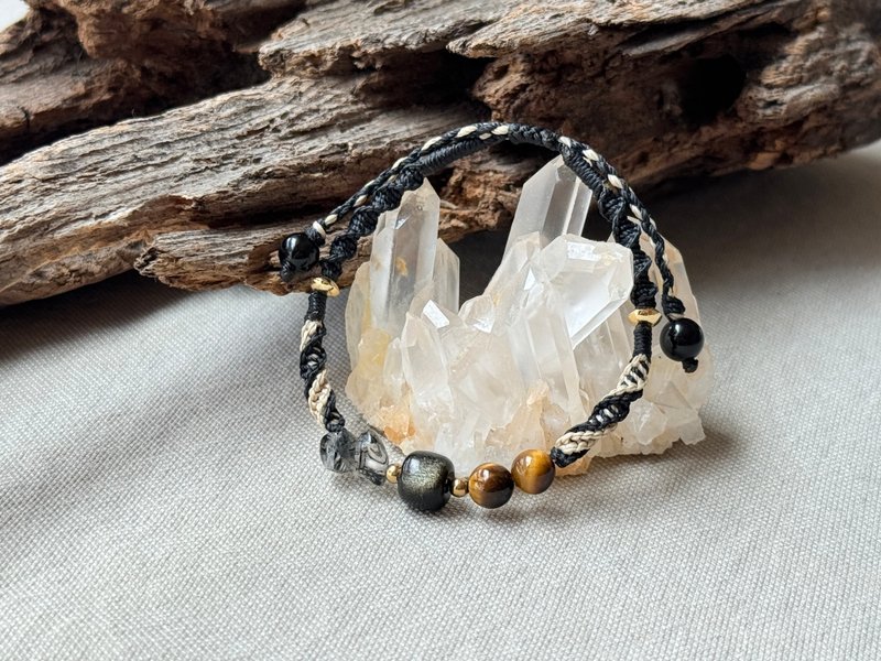 鎏沙 / 金沙黑曜石 金曜石 編繩 手鍊 - 手鍊/手環 - 水晶 金色