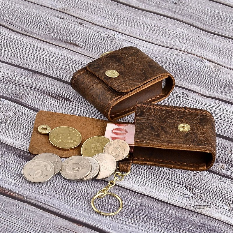 U6.JP6 Handmade leather goods-hand-stitched imported embossed leather brown small coin purse, universal bag - กระเป๋าสตางค์ - หนังแท้ สีนำ้ตาล