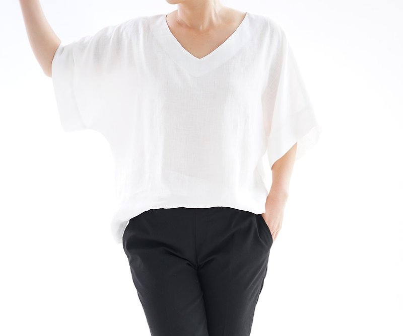 Linen Roughly V-neck Drop Shoulder Tops / White t016b-wht1 - เสื้อผู้หญิง - ผ้าฝ้าย/ผ้าลินิน ขาว