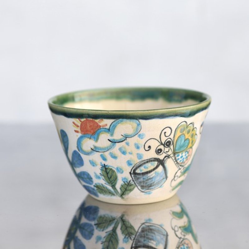 Rice bowl with flowers and butterflies (large) (Border of Oribe glaze) - ถ้วยชาม - ดินเผา 