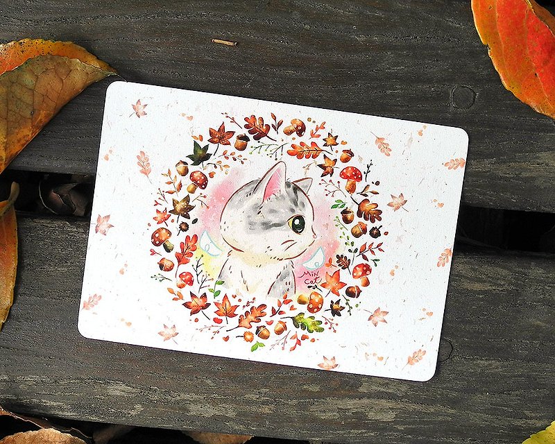 Old Style_Four Seasons Series - Autumn Meow Meow Postcard - การ์ด/โปสการ์ด - กระดาษ สีนำ้ตาล