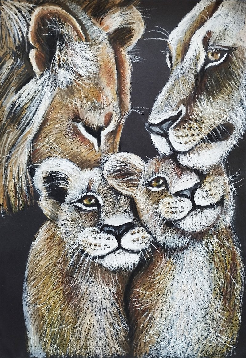 プライド ライオンの家族 オイルパステルポートレート 愛の動物画 - ウォールデコ・壁紙 - 紙 ブラウン