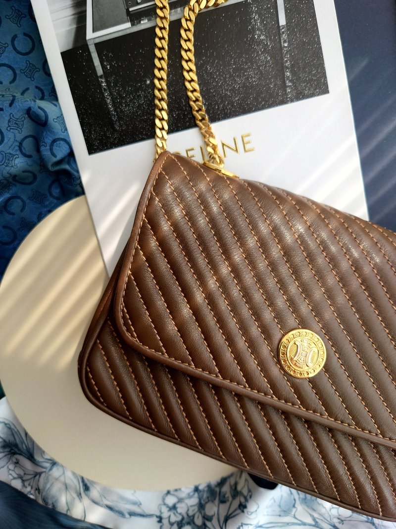 中古美品 CELINE 咖凱旋門晚宴包手拿包鏈條包斜揹包斜挎包單肩包 - 側背包/斜背包 - 真皮 卡其色