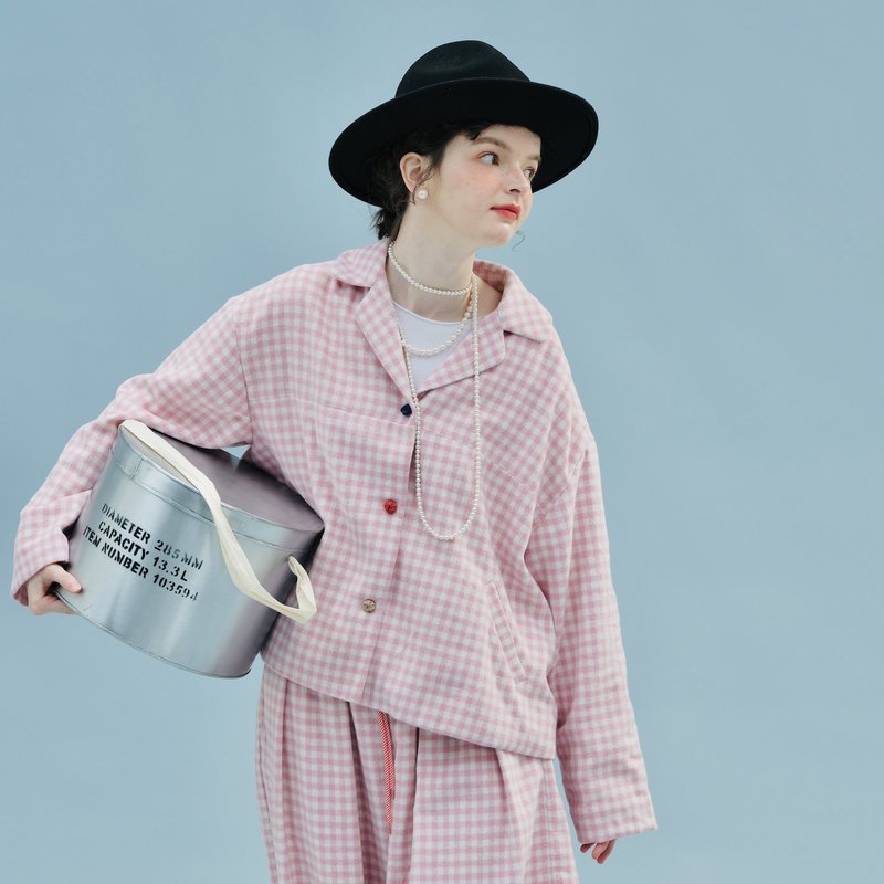 粉格子拉毛短外套 / 彩色扣子 西裝外套 - 女西裝外套 - 棉．麻 粉紅色