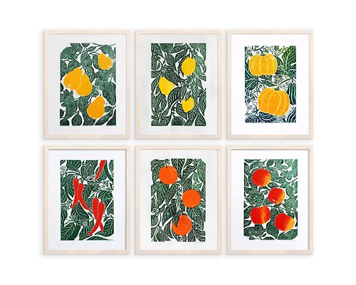 daashart Gallery wall Set of 6 wall art Chili pepper, pumpkin, apple, pear, orange, lemon