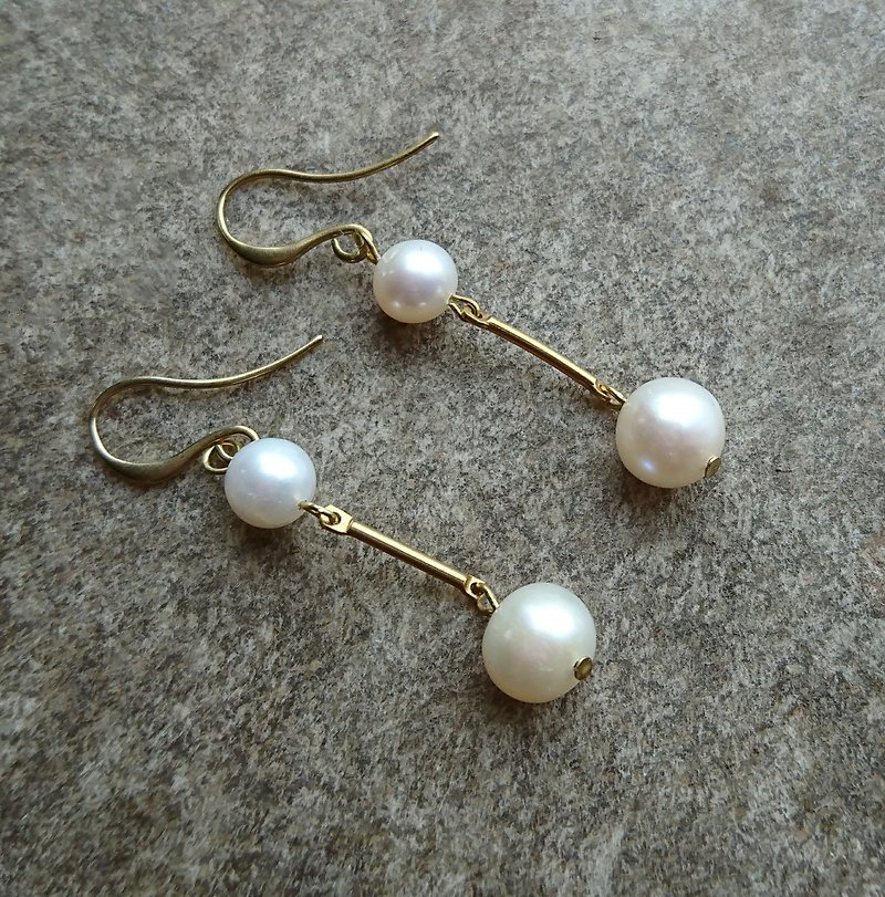 Double Pearl Drop Earrings - ต่างหู - โลหะ 