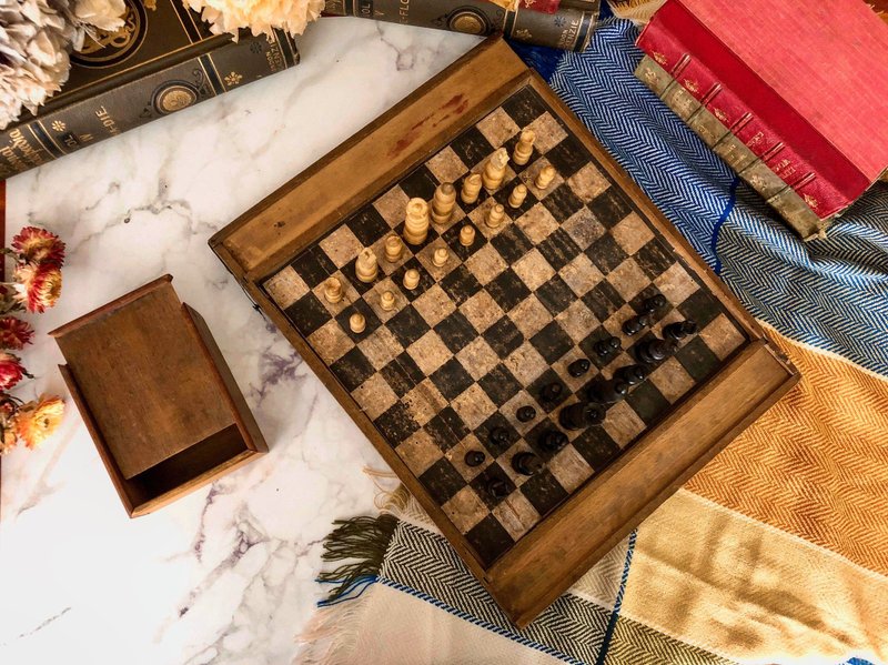 法國百年古董木質黑白棋盤組+西洋棋組 - 擺飾/家飾品 - 木頭 