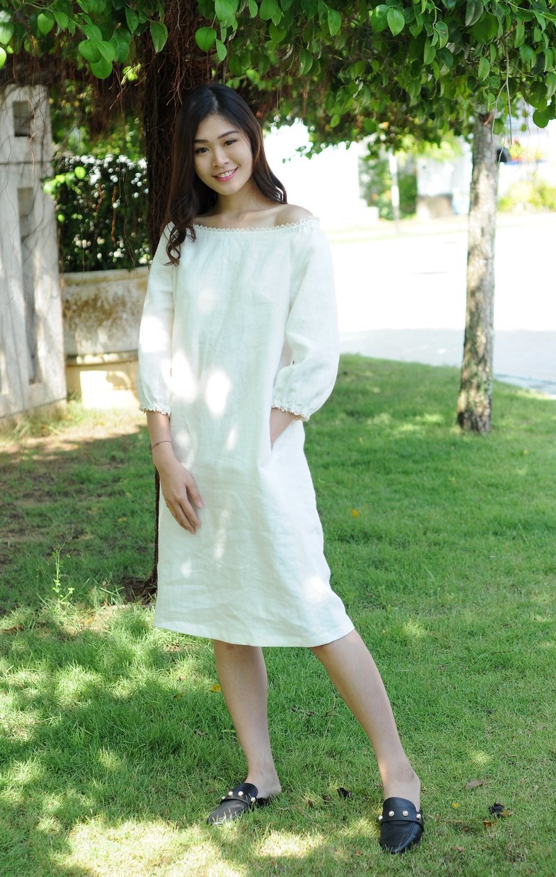 Linen Dress / Off Shoulder Linen Dress / Crochet Sleeved /  EP-D654 - 洋裝/連身裙 - 亞麻 