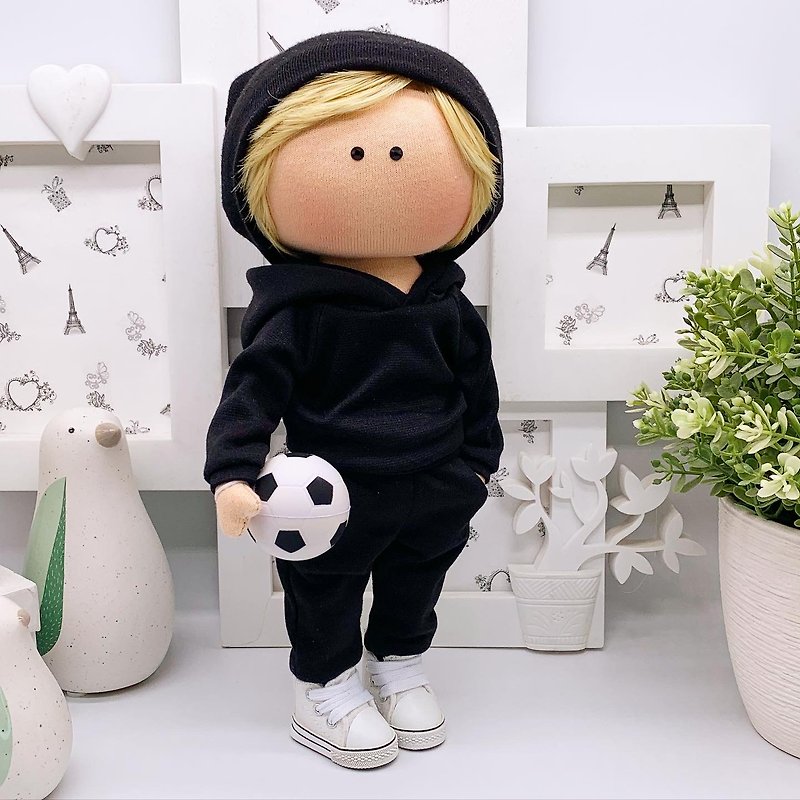Textile rag doll BOY FOOTBALL PLAYER in a black sweatshirt and black sweatpants - Stuffed Dolls & Figurines - Cotton & Hemp Black