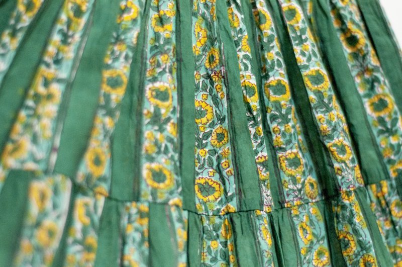 Woodblock Printed Cotton Skirt Indian Cotton Stamped Cake Skirt Hand-Stamped Woodblock Printed Long Skirt - Green Flowers - Skirts - Cotton & Hemp Green