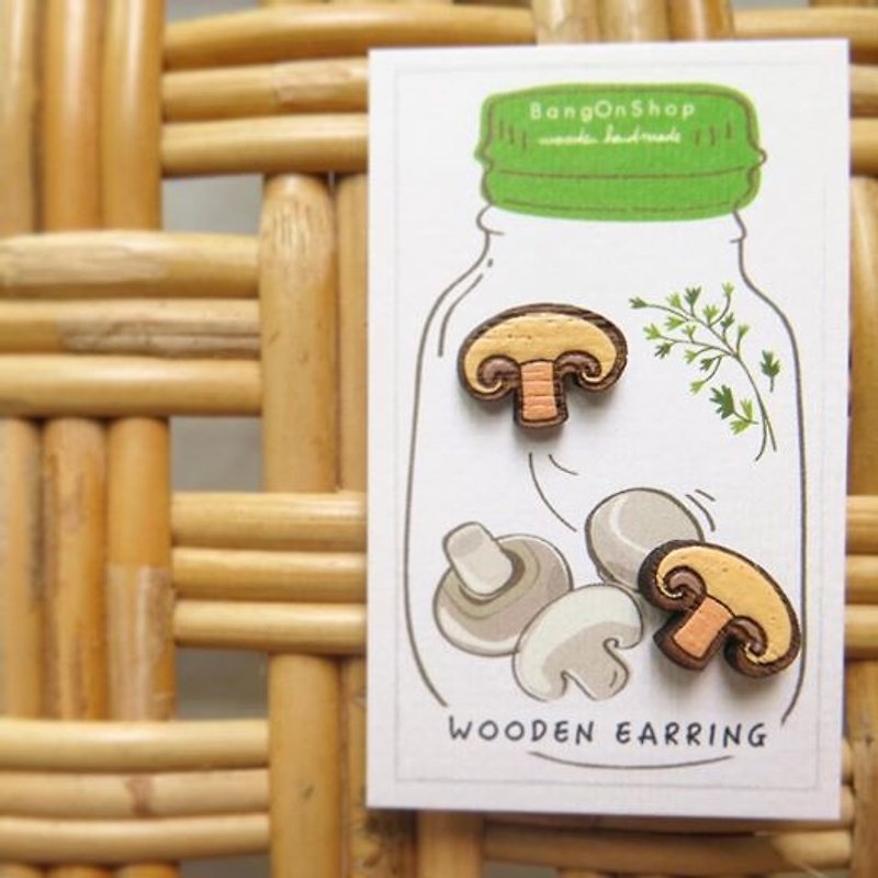 香菇木製耳環 - 耳環/耳夾 - 木頭 黃色