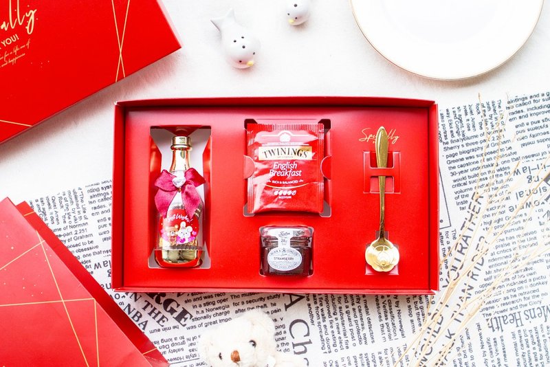 大紅四囍臨門禮盒(附贈精美提袋) 驚喜 伴手禮 喝茶回禮 精緻禮盒 - 刀叉/湯匙/餐具組 - 其他材質 紅色