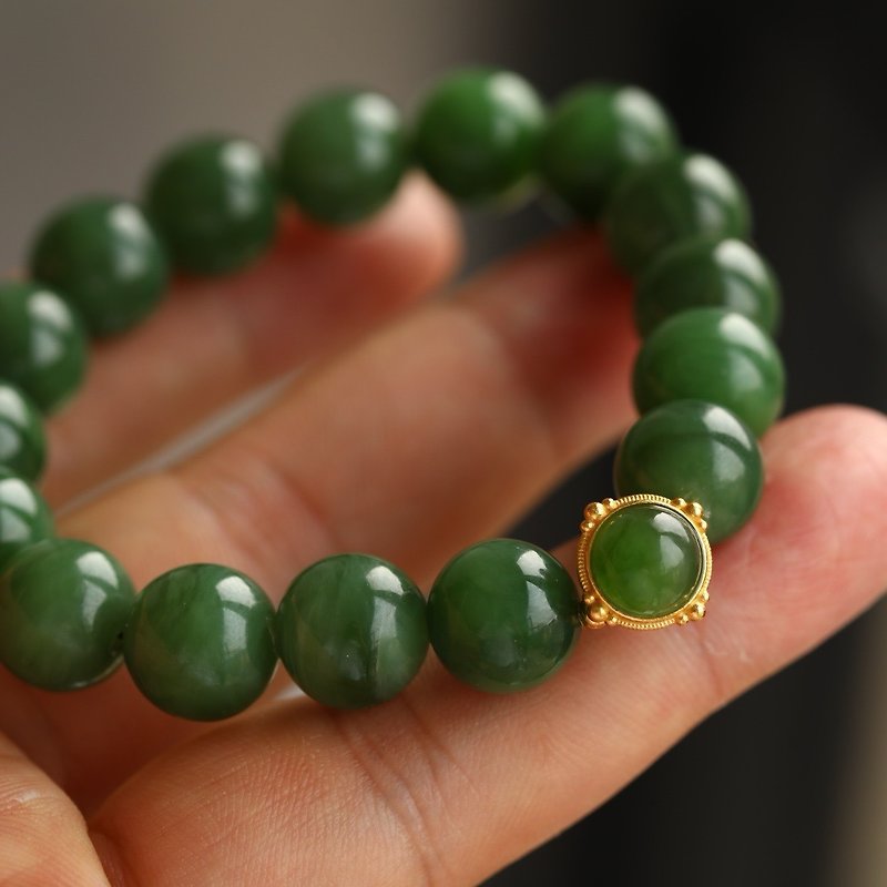 11mm natural Hotan jade/Khotanese jade-jasper. Sterling silver gilt inlaid jasper accessories design single ring bracelet - Bracelets - Jade Green