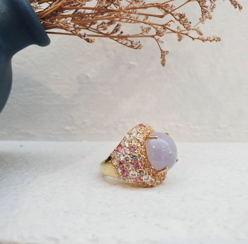 Burmese Lavender jade ring (Natural color) decorated with White topaz and Pink Sapphire. - General Rings - Jade Multicolor