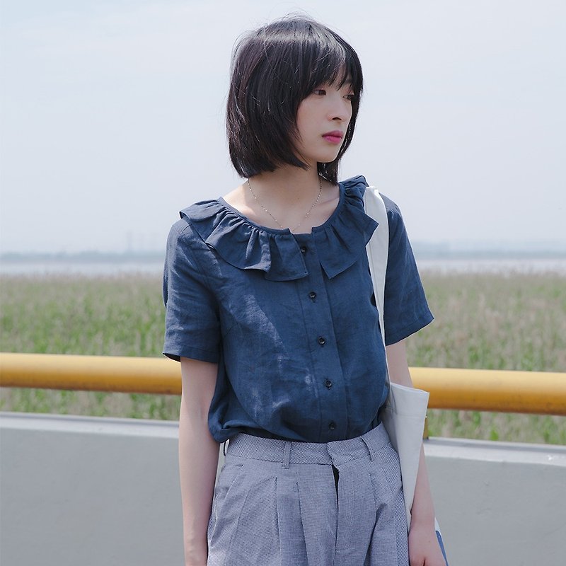 荷葉邊短袖襯衣|襯衣|亞麻|獨立品牌|Sora-142 - 女裝 上衣 - 棉．麻 