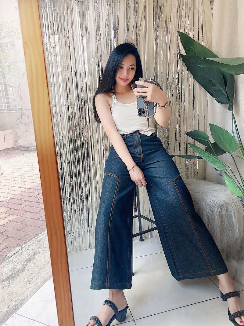 黑藍光澤性格挺版車縫線 古著牛仔棉質長褲寬褲 pants vintage - 女長褲 - 棉．麻 藍色