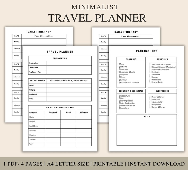 Minimalist Travel Planner Printable: Trip Itinerary, Packing List (PDF Download) - 電子手帳及素材 - 其他材質 