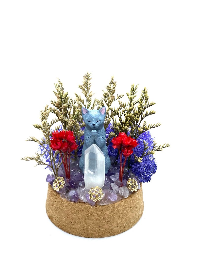 紫色森林-黑貓與白水晶-手工玻璃罩公仔/水晶/乾燥花擺設 - 裝飾/擺設  - 水晶 