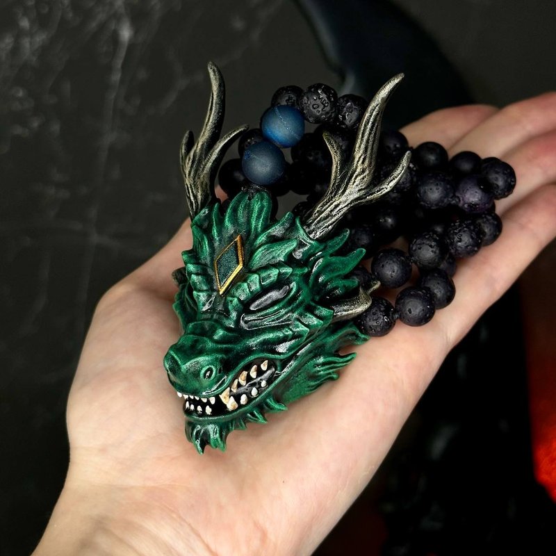 綠色龍吊墜項鍊、史矛革面具、小龍面具項鍊 - 項鍊 - 樹脂 綠色